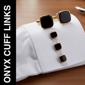 Onyx Inlaid on Gold Tone Cufflinks & Studs Jessops Jewelers. San Diego. Vintage